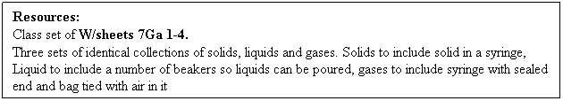 Text Box: Resources: 
Class set of W/sheets 7Ga 1-4.
Three sets of identical collections of solids, liquids and gases. Solids to include solid in a syringe, Liquid to include a number of beakers so liquids can be poured, gases to include syringe with sealed end and bag tied with air in it                 
 
