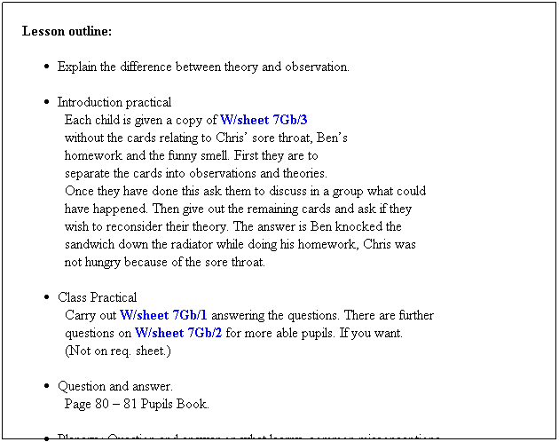 Text Box: Lesson outline:
 
Explain the difference between theory and observation.
 
Introduction practical
Each child is given a copy of W/sheet 7Gb/3 
without the cards relating to Chris sore throat, Bens
homework and the funny smell. First they are to 
separate the cards into observations and theories.
      Once they have done this ask them to discuss in a group what could
      have happened. Then give out the remaining cards and ask if they 
      wish to reconsider their theory. The answer is Ben knocked the 
      sandwich down the radiator while doing his homework, Chris was
      not hungry because of the sore throat.
      
Class Practical
Carry out W/sheet 7Gb/1 answering the questions. There are further
questions on W/sheet 7Gb/2 for more able pupils. If you want. 
(Not on req. sheet.)
 
Question and answer.
Page 80  81 Pupils Book. 
 
Plenary : Question and answer on what learny, common misconceptions.
            Go through questions relating to what they have learnt. Sort out
            any misconceptions.
 
