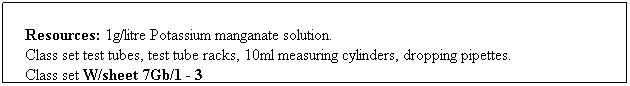 Text Box: Resources: 1g/litre Potassium manganate solution.
Class set test tubes, test tube racks, 10ml measuring cylinders, dropping pipettes.
Class set W/sheet 7Gb/1 - 3
