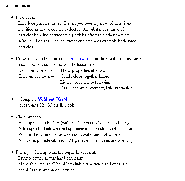 Text Box: Lesson outline:
 
Introduction.
Introduce particle theory. Developed over a period of time, ideas
            modified as new evidence collected. All substances made of 
            particles bonding between the particles effects whether they are
            solid liquid or gas. Use ice, water and steam as example both same 
particles.
 
Draw 3 states of matter on the boardworks for the pupils to copy down
also in book. Just the models. Diffusion later.
Describe differences and how properties effected. 
Children as model       Solid : close together linked
                                    Liquid : touching but moving
                                    Gas : random movement, little interaction
   Complete W/Sheet 7Gc/4
 questions p82 83 pupils book.
 
Class practical
Heat up ice in a beaker (with small amount of water!) to boiling.
            Ask pupils to think what is happening in the beaker as it heats up.
            What is the difference between cold water and hot water?
            Answer is particle vibration. All particles in all states are vibrating.
 
Plenary  Sum up what the pupils have learnt.
Bring together all that has been learnt. 
            More able pupils will be able to link evaporation and expansion 
            of solids to vibration of particles.
 
 
