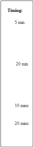 Text Box: Timing:
 
5 min
 
 
 
 
 
 
 20 min
 
 
 
 
 
 
10 mins
 
 
20 mins
 
 
 
 
 
5 mins

