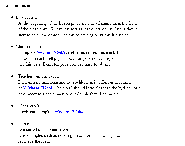 Text Box: Lesson outline:
 
Introduction.
At the beginning of the lesson place a bottle of ammonia at the front 
of the classroom. Go over what was learnt last lesson. Pupils should 
start to smell the aroma, use this as starting point for discussion.
 
Class practical
Complete W/sheet 7Gd/2. (Marmite does not work!)
Good chance to tell pupils about range of results, repeats 
            and fair tests. Exact temperatures are hard to obtain.
 
        Teacher demonstration.
Demonstrate ammonia and hydrochloric acid diffusion experiment
as W/sheet 7Gd/4. The cloud should form closer to the hydrochloric 
acid because it has a mass about double that of ammonia. 
 
        Class Work
            Pupils can complete W/sheet 7Gd/4.
 
        Plenary
            Discuss what has been learnt.
            Use examples such as cooking bacon, or fish and chips to 
            reinforce the ideas.

