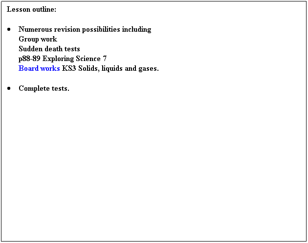 Text Box: Lesson outline:
 
        Numerous revision possibilities including
Group work
Sudden death tests
p88-89 Exploring Science 7
Board works KS3 Solids, liquids and gases.
 
        Complete tests.
 
